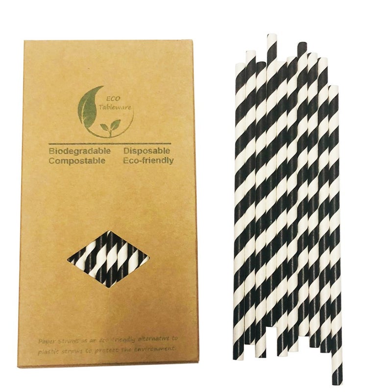BOFA Eco Tableware Black Striped Paper Drinking Straws, Pack of 100 Biodegradable Disposable Black White Stripes Straw for Restaurants, Juices, Smoothies - Image 1